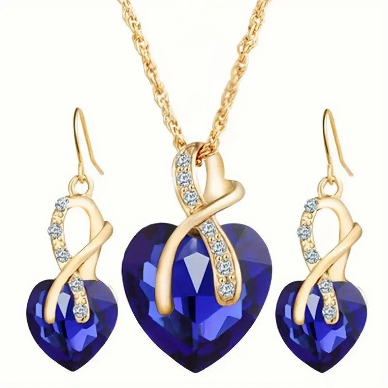 Gold Saphir Herz-Halskette und Ohrring-Set