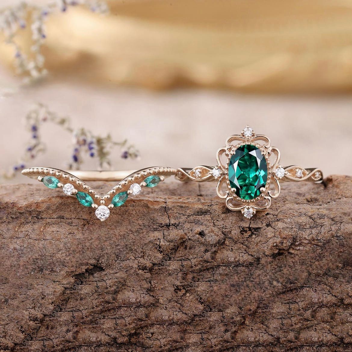 Aurelle Smaragd Krone Ring-Set | Roségold