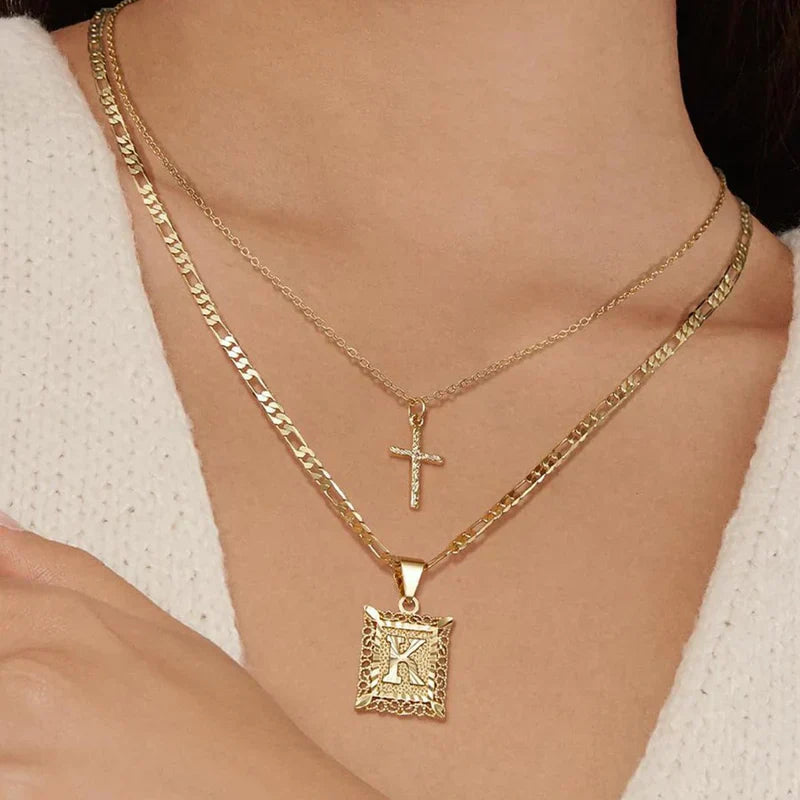 Kreuz Initiale Halsketten-Set | Gold