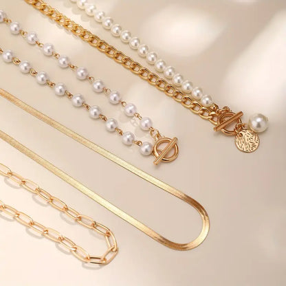 Vintage Perle & Gold Schlange Kette Halsketten-Set | Gold