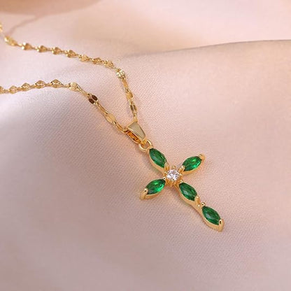 Gold Smaragd Marquise Kreuz-Halskette