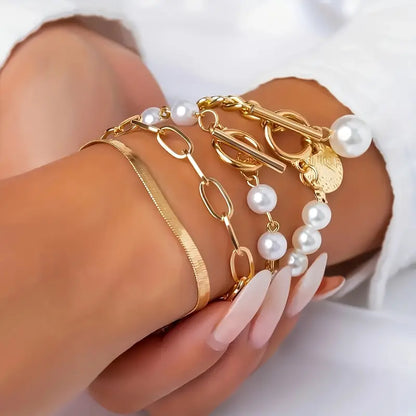 Schick Gold 4-teilig Armband-Set - Schlange, Perlen & Kettenglieder | Gold
