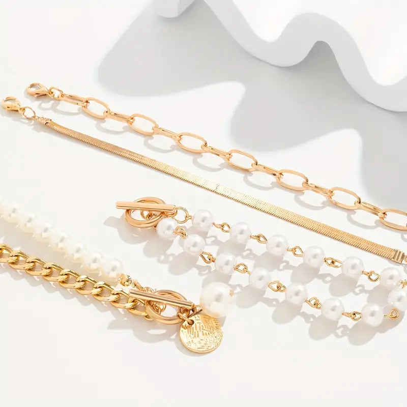 Schick Gold 4-teilig Armband-Set - Schlange, Perlen & Kettenglieder | Gold