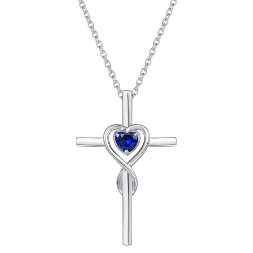Saphir Herz Stein Kreuz-Halskette | Weißgold