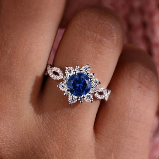 Kristall Saphir Blume Ring | Weißgold