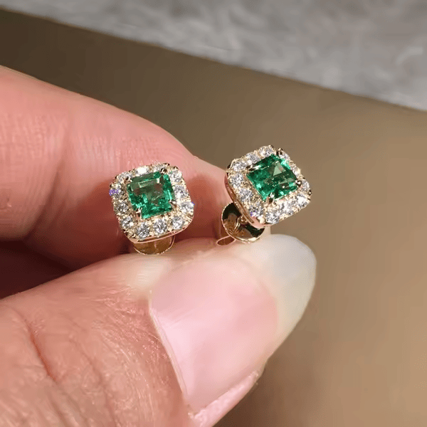 Gold Smaragd Quadratisch Halo-Ohrstecker