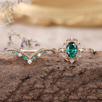 Aurelle Smaragd Krone Ring-Set | Roségold