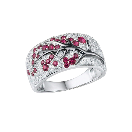Rubin Blüte Baum Ring | Weißgold