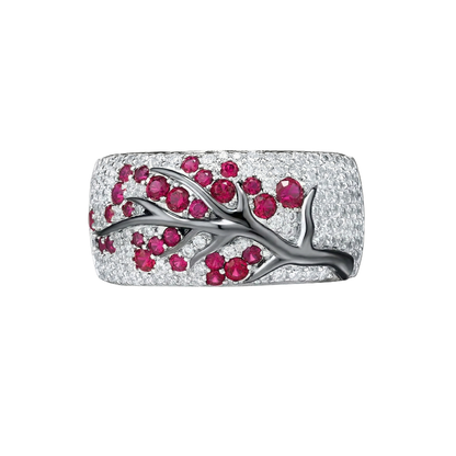 Rubin Blüte Baum Ring | Weißgold