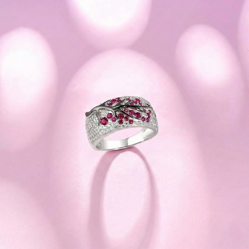 Rubin Blüte Baum Ring | Weißgold