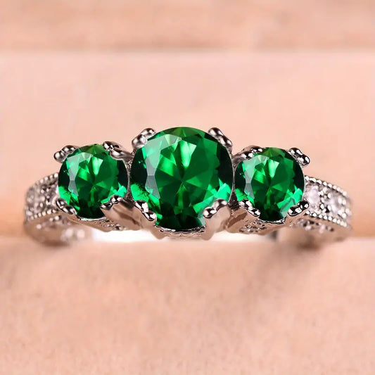 Silber Smaragd Drei-Stein Ring