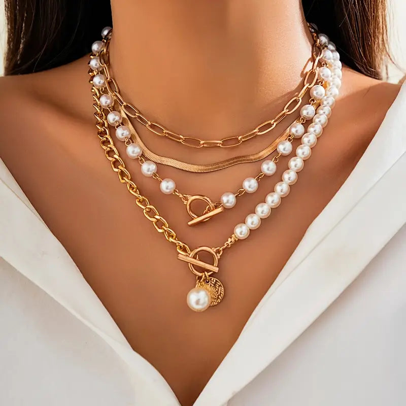 Vintage Perle & Gold Schlange Kette Halsketten-Set | Gold