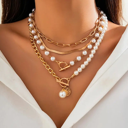Vintage Perle & Gold Schlange Kette Halsketten-Set | Gold