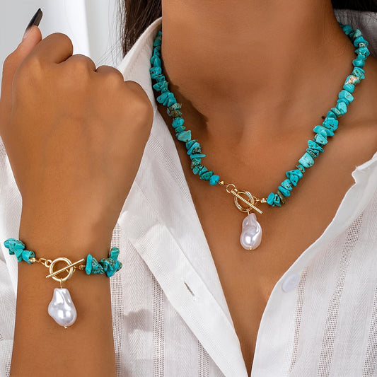 Türkiz & Perlenhalskette Armband-Set