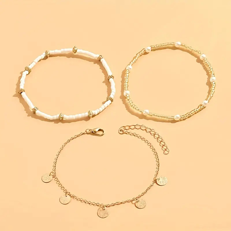 Küsten Anhänger 3-Teilig Mehrreihig Anklet Set | Gold