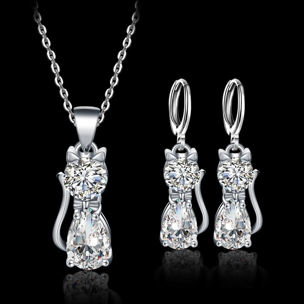 Set Halskette + Ohrringe Glückliche Katzen in Sterlingsilber und Poliertes Weiß Zirkonium