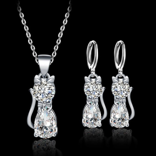 Set Halskette + Ohrringe Glückliche Katzen in Sterlingsilber und Poliertes Weiß Zirkonium